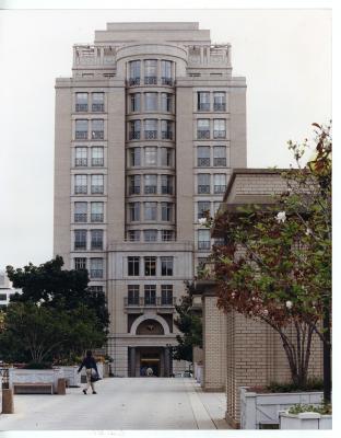 Colored photo showing the Gewirz Student Center's main entrance and twelve stories as seen from 2nd Street.