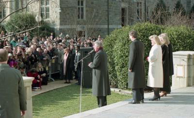 Bill Clinton speaking to students and faculty in front of White Gravenor in 1993