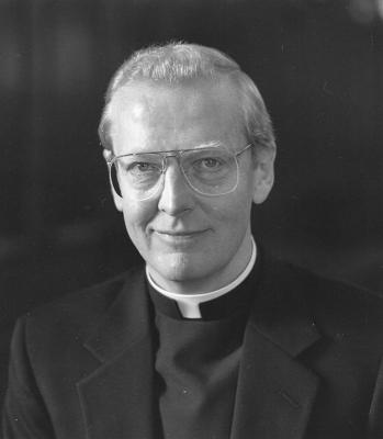 Black and white headshot of Fr. Leo O'Donovan in clerical robes. 