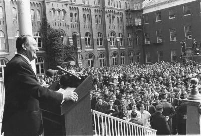 Vice President Hubert Humphrey speaks from the porch of the Old North Building at Georgetown University on Founders' Day, 1966-03-25