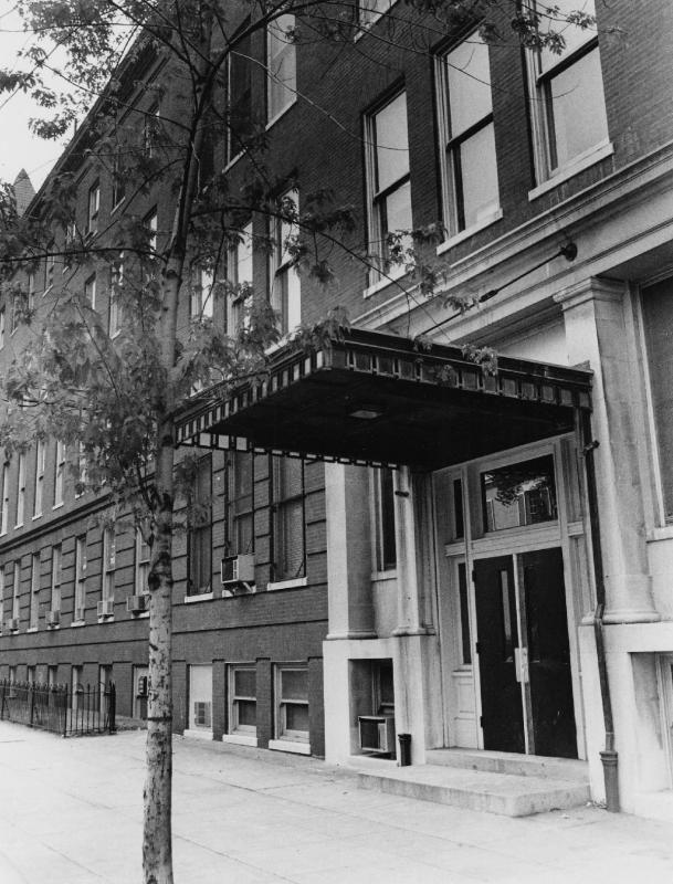 Black and white image of Loyola Hall in 1956 showing the building's 35th St. entrance. 