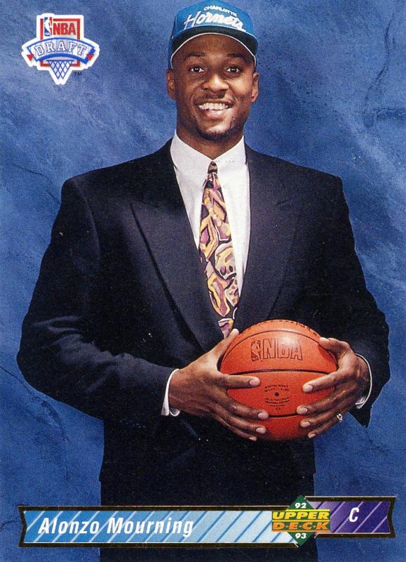 1992 basketball card depicting Mourning after the Hornets drafted him