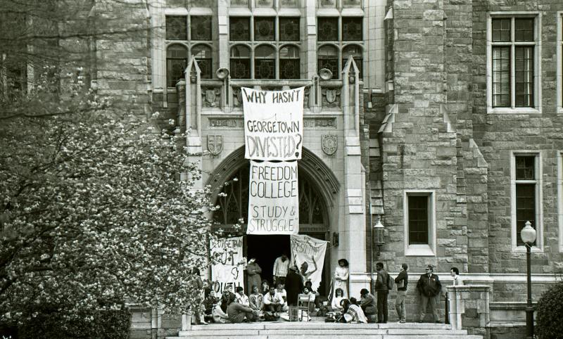 "Freedom College" Protest on the White Gravenor patio showing 