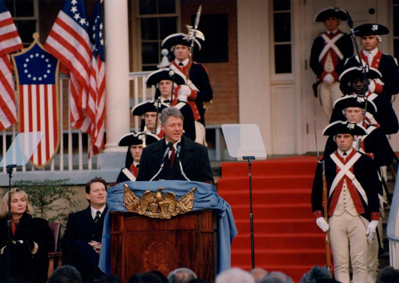 President-elect Bill Clinton (F'1968) addresses the Diplomatic Corps from the steps of Old North at Georgetown University