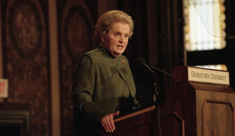 Madeleine Albright giving a speech in Gaston Hall 