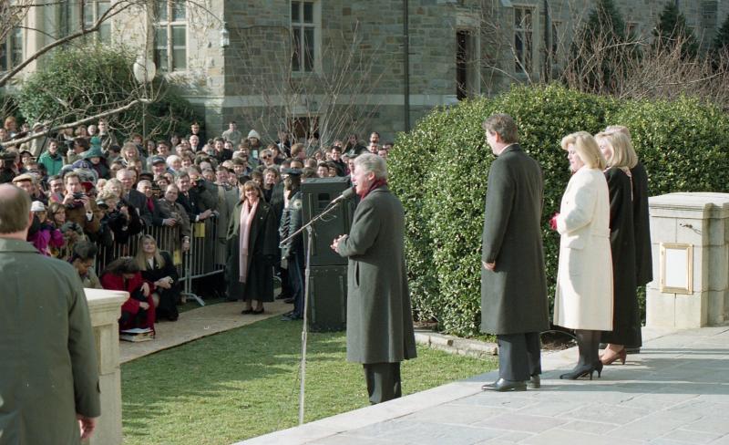 Bill Clinton speaking to students and faculty in front of White Gravenor in 1993