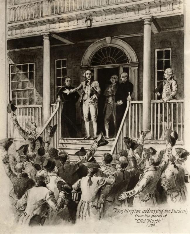 Drawing of George Washington on the steps of Old North, 1796